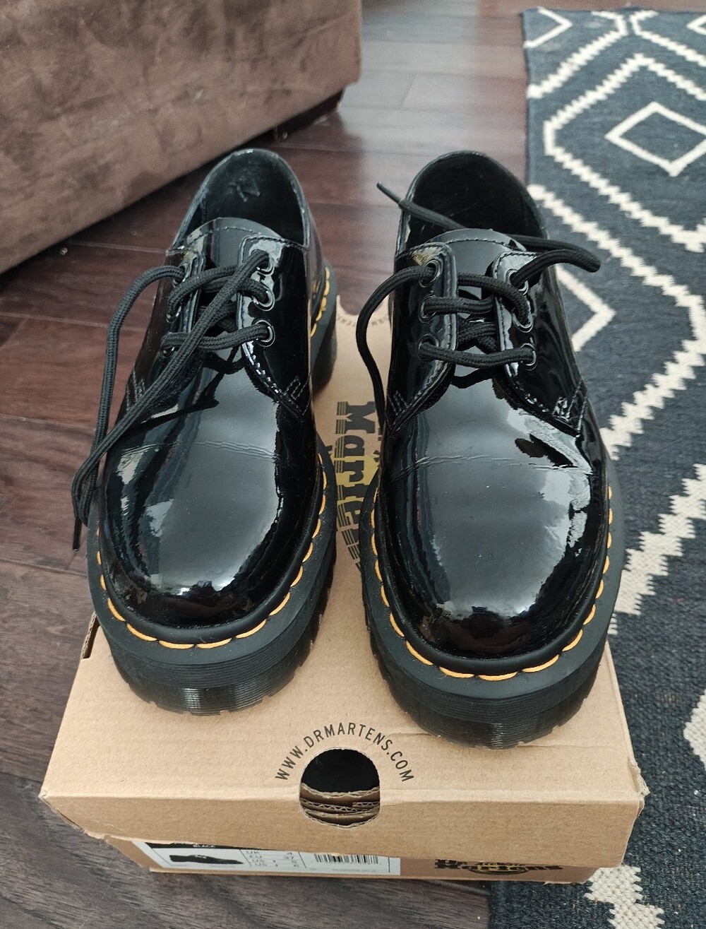 Dr. Martens Black Patent Leather Lug Sole Oxfords with Yellow Stitching 6 Women